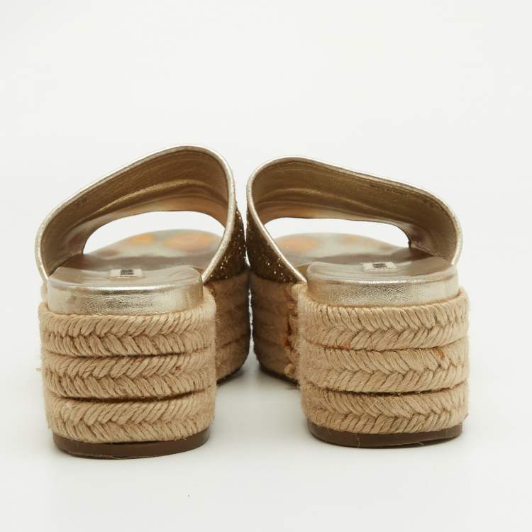Pre Owned Miu Miu Gold Glitter Espadrille Platform Slide Sandals Size 38
