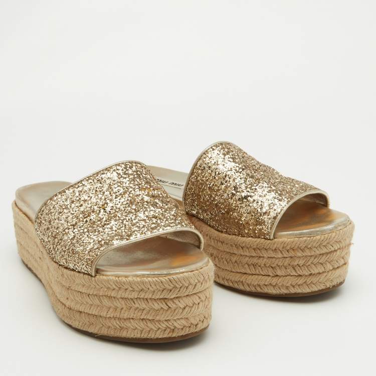 Pre Owned Miu Miu Gold Glitter Espadrille Platform Slide Sandals Size 38