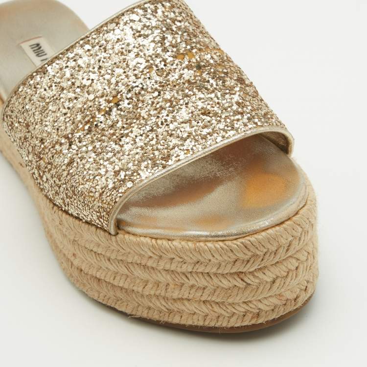 Pre Owned Miu Miu Gold Glitter Espadrille Platform Slide Sandals Size 38
