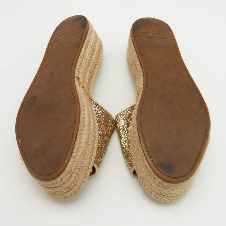 Pre Owned Miu Miu Gold Glitter Espadrille Platform Slide Sandals Size 38