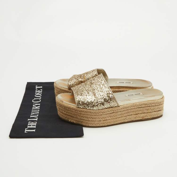 Pre Owned Miu Miu Gold Glitter Espadrille Platform Slide Sandals Size 38