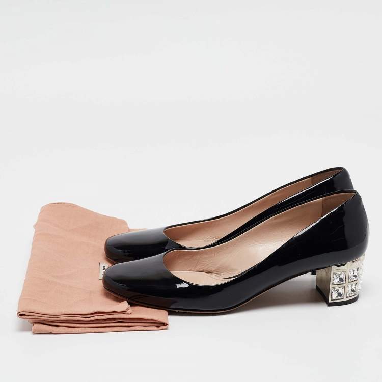 Pre Owned Miu Miu Black Patent Leather Crystal Embellished Block Heel Pumps Size 37