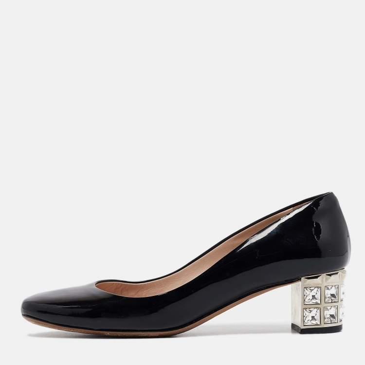 Pre Owned Miu Miu Black Patent Leather Crystal Embellished Block Heel Pumps Size 37