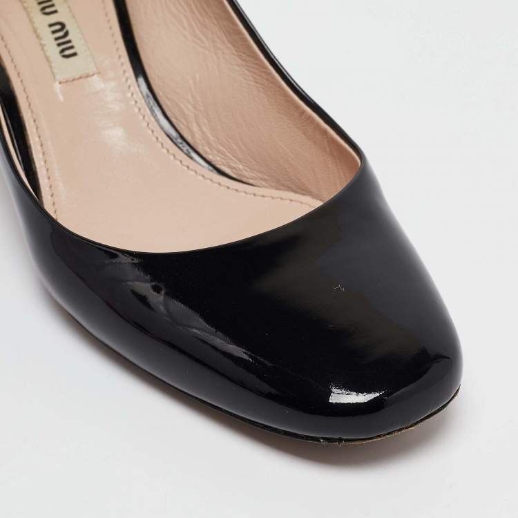 Pre Owned Miu Miu Black Patent Leather Crystal Embellished Block Heel Pumps Size 37