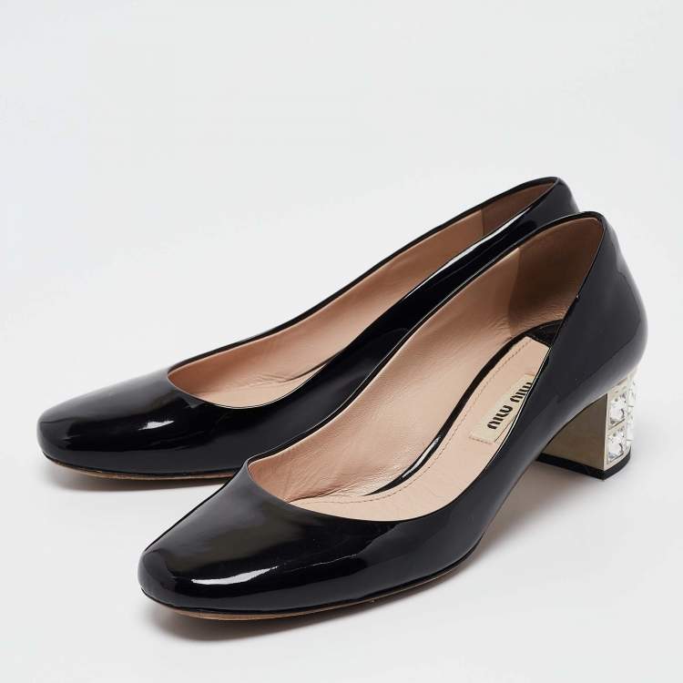 Pre Owned Miu Miu Black Patent Leather Crystal Embellished Block Heel Pumps Size 37