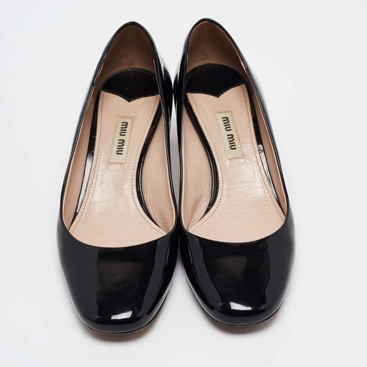 Pre Owned Miu Miu Black Patent Leather Crystal Embellished Block Heel Pumps Size 37