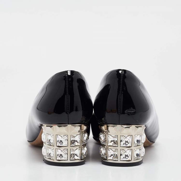 Pre Owned Miu Miu Black Patent Leather Crystal Embellished Block Heel Pumps Size 37