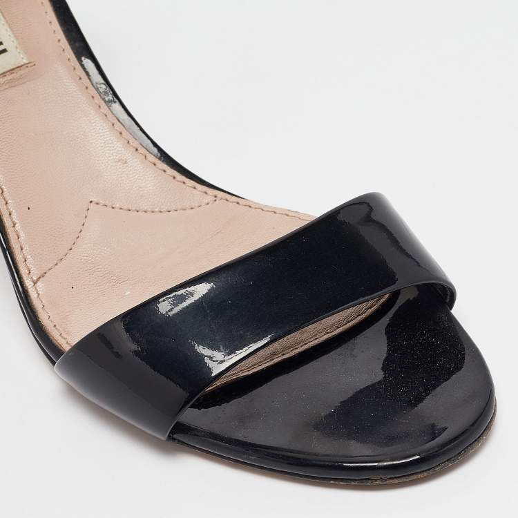 Pre Owned Miu Miu Black Patent Leather Crystal Embellished Ankle Strap Sandals Size 40