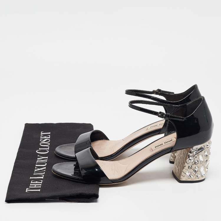 Pre Owned Miu Miu Black Patent Leather Crystal Embellished Ankle Strap Sandals Size 40