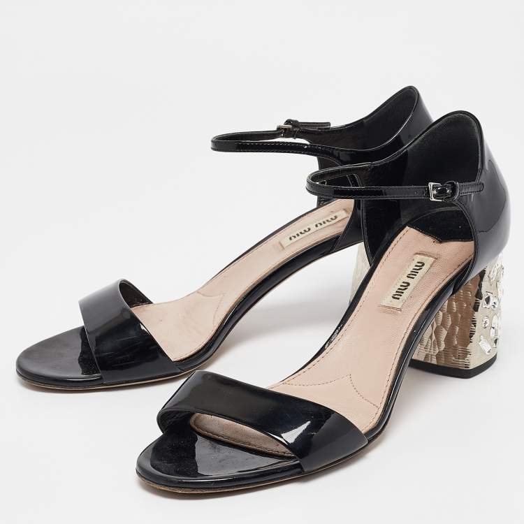 Pre Owned Miu Miu Black Patent Leather Crystal Embellished Ankle Strap Sandals Size 40