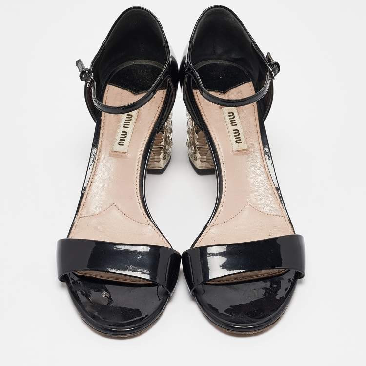 Pre Owned Miu Miu Black Patent Leather Crystal Embellished Ankle Strap Sandals Size 40