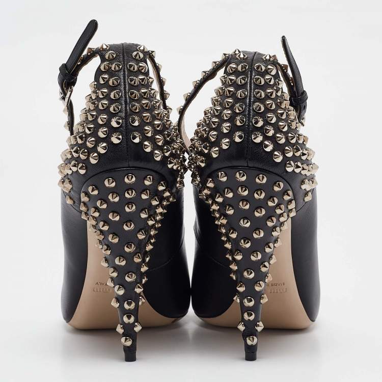 Pre Owned Miu Miu Black Leather Studded Ankle Strap Pumps Size 40