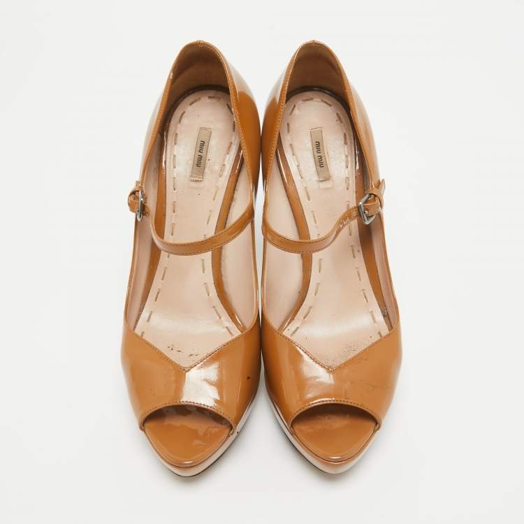 Pre Owned Miu Miu Brown Patent Leather Open Toe Platform Pumps Size 40