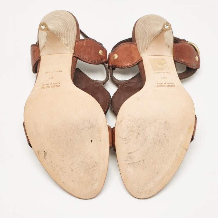 Pre Owned Miu Miu Brown Leather Studded Ankle Strap Sandals Size 38