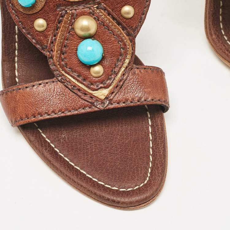 Pre Owned Miu Miu Brown Leather Studded Ankle Strap Sandals Size 38