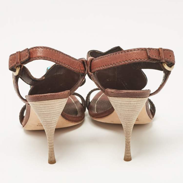 Pre Owned Miu Miu Brown Leather Studded Ankle Strap Sandals Size 38