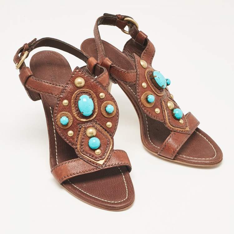 Pre Owned Miu Miu Brown Leather Studded Ankle Strap Sandals Size 38