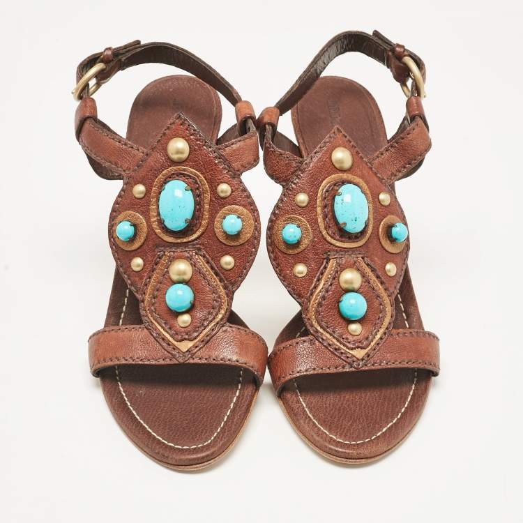 Pre Owned Miu Miu Brown Leather Studded Ankle Strap Sandals Size 38
