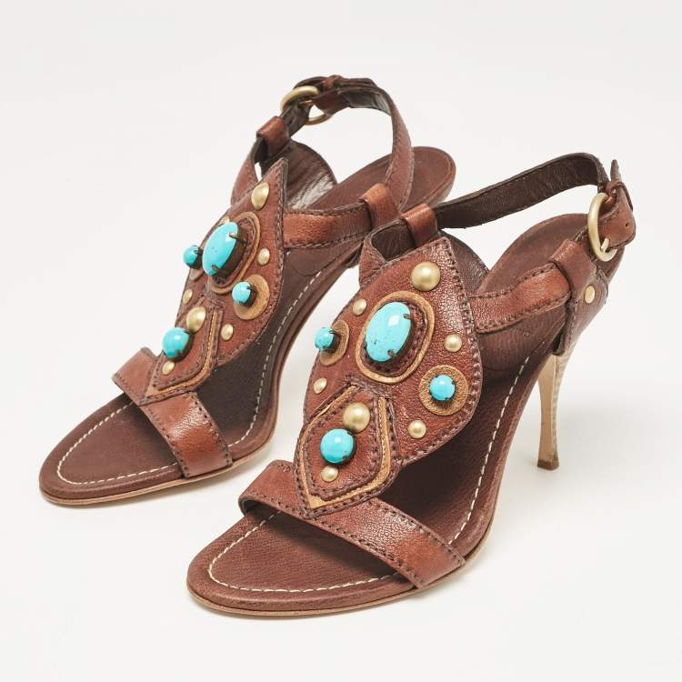 Pre Owned Miu Miu Brown Leather Studded Ankle Strap Sandals Size 38