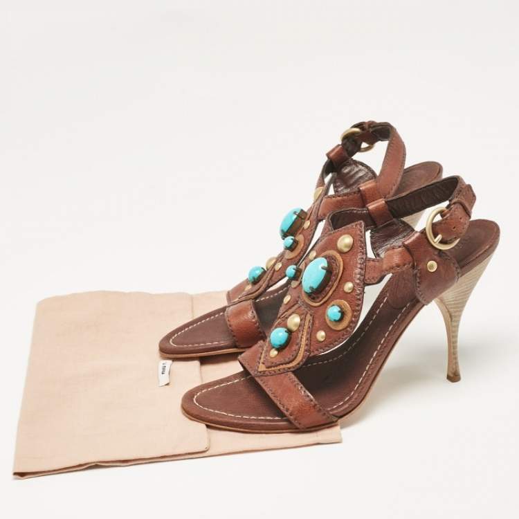 Pre Owned Miu Miu Brown Leather Studded Ankle Strap Sandals Size 38