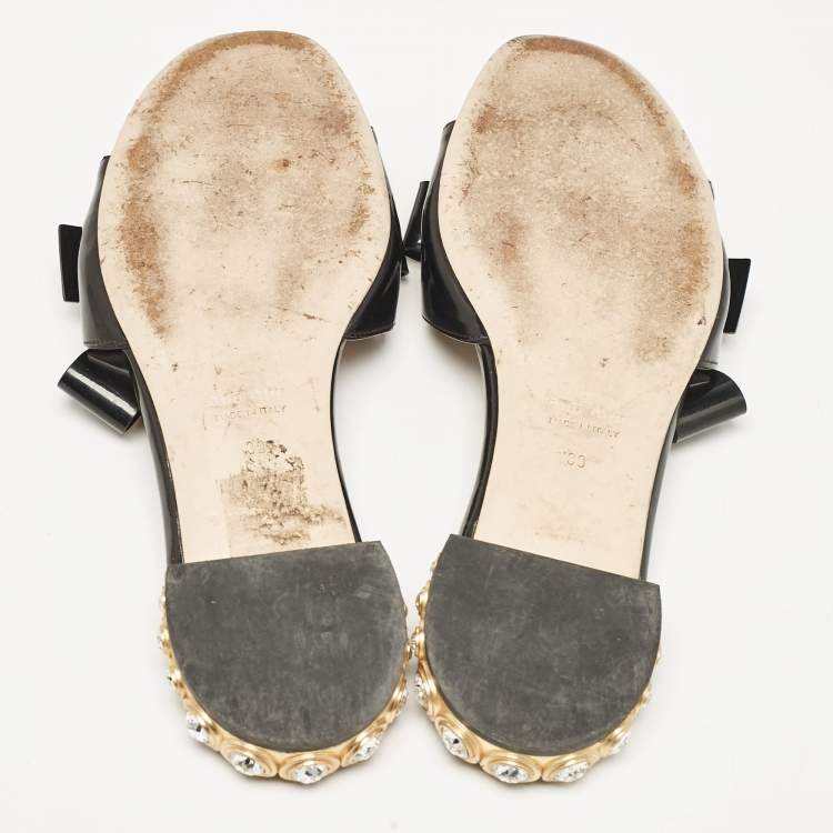 Pre Owned Miu Miu Black Patent Leather Bow Crystal Embellished Flat Slides Size 39