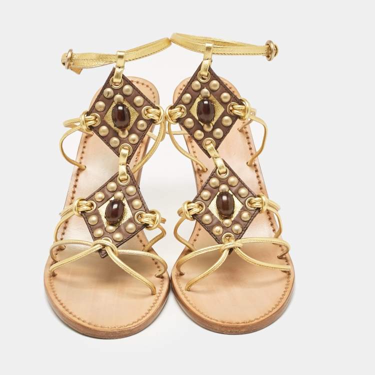 Pre Owned Miu Miu Gold Leather Crystal Embellished Ankle Strap Sandals Size 38.5