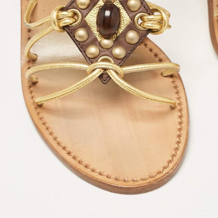 Pre Owned Miu Miu Gold Leather Crystal Embellished Ankle Strap Sandals Size 38.5