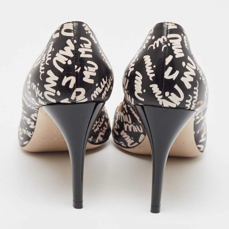 Pre Owned Miu Miu Black/White Leather Logo Print Pumps Size 39.5