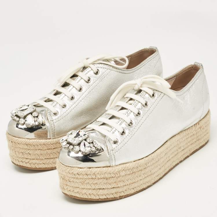 Pre Owned Miu Miu Silver Leather Crystal Embellished Platform Espadrille Flats Size 40