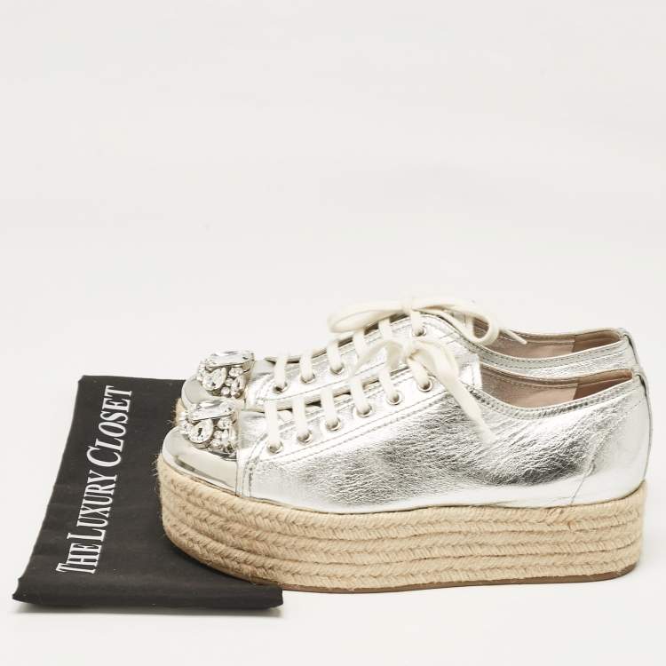 Pre Owned Miu Miu Silver Leather Crystal Embellished Platform Espadrille Flats Size 40