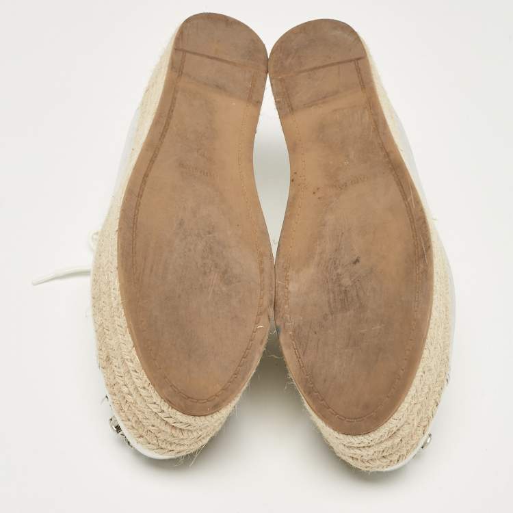 Pre Owned Miu Miu Silver Leather Crystal Embellished Platform Espadrille Flats Size 40