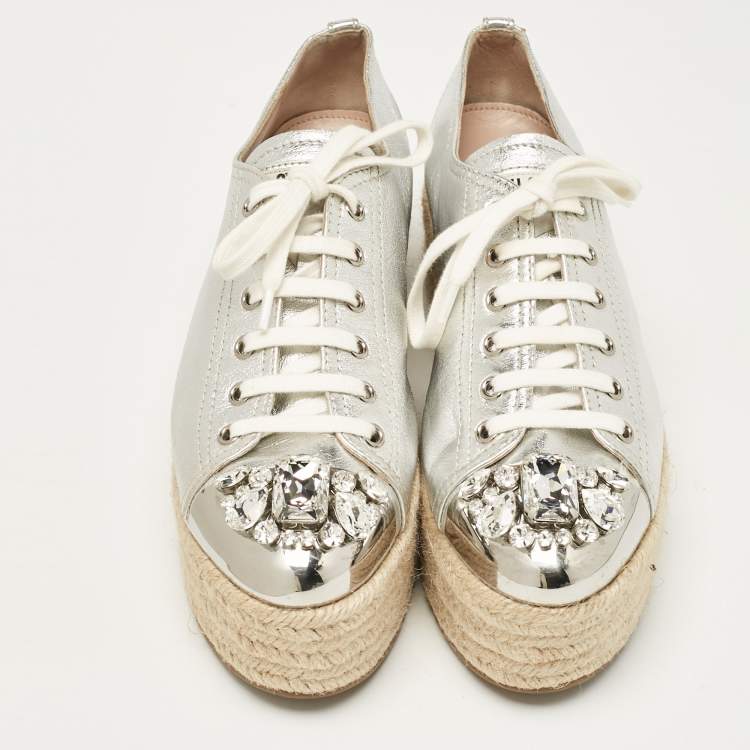 Pre Owned Miu Miu Silver Leather Crystal Embellished Platform Espadrille Flats Size 40