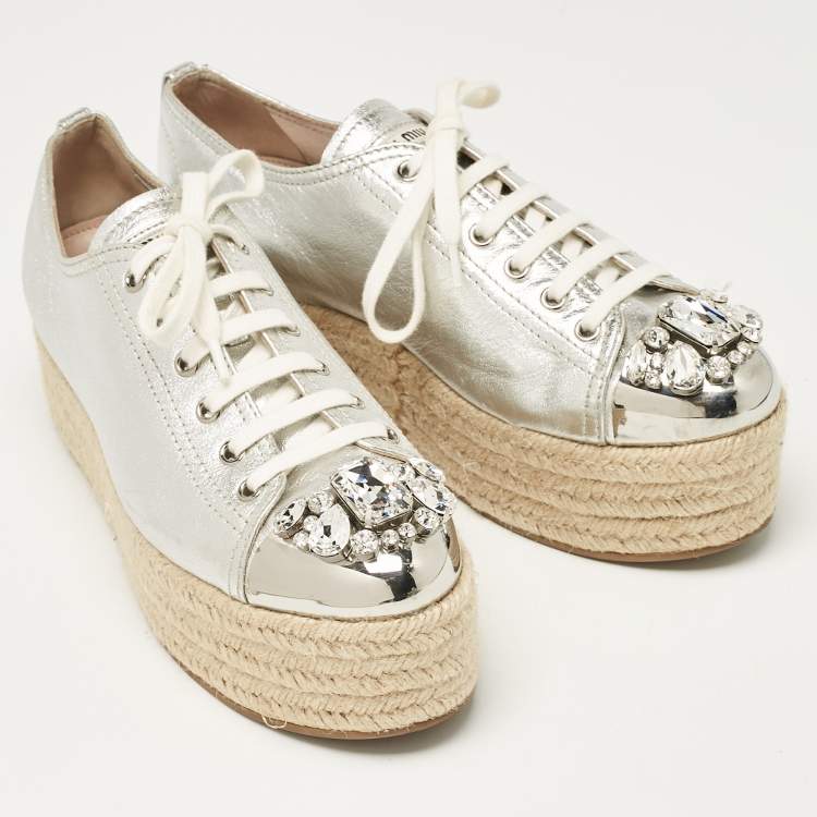 Pre Owned Miu Miu Silver Leather Crystal Embellished Platform Espadrille Flats Size 40