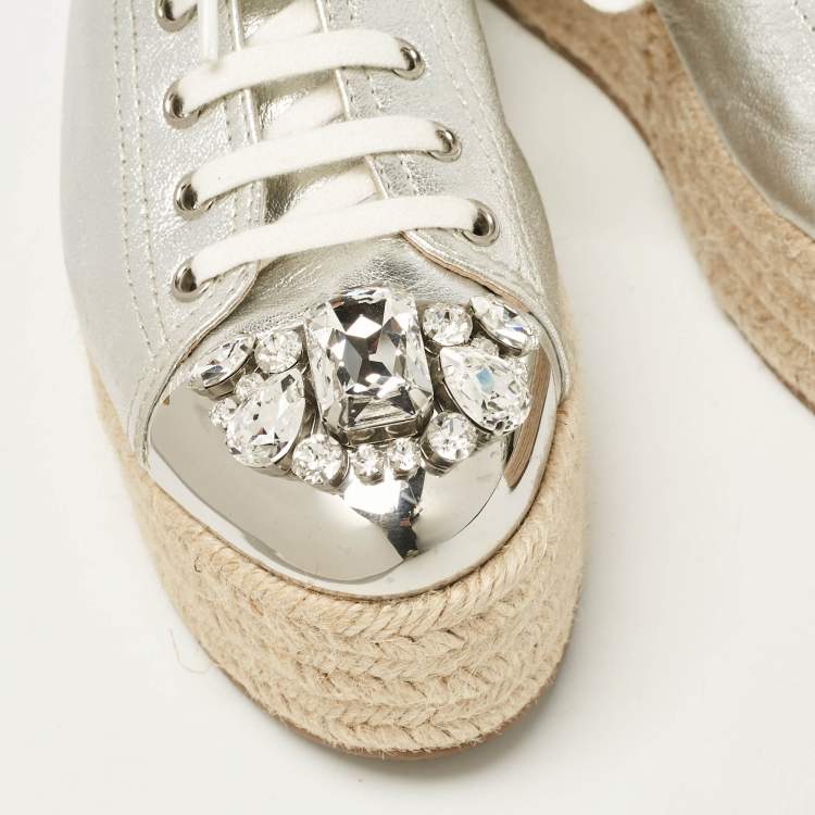 Pre Owned Miu Miu Silver Leather Crystal Embellished Platform Espadrille Flats Size 40
