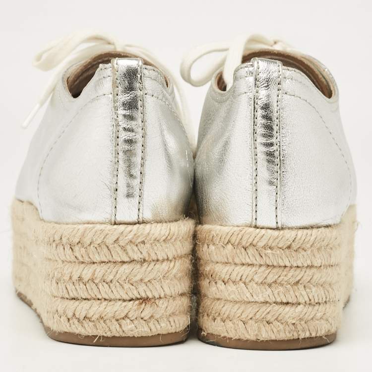 Pre Owned Miu Miu Silver Leather Crystal Embellished Platform Espadrille Flats Size 40