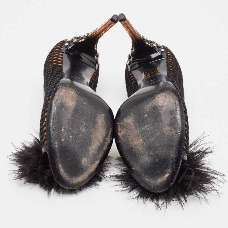 Pre Owned Miu Miu Black Feather and Leather Peep Toe Pumps Size 36.5