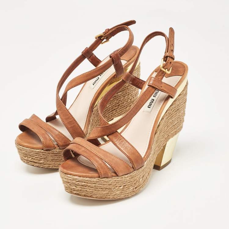 Pre Owned Miu Miu Brown Leather Wedge Sandals Size 37.5