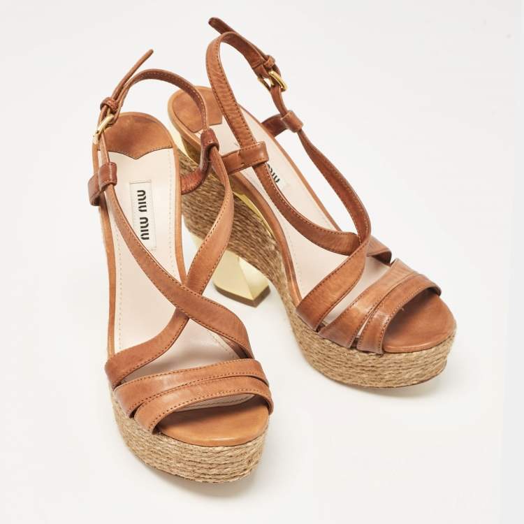 Pre Owned Miu Miu Brown Leather Wedge Sandals Size 37.5