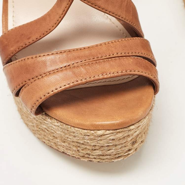 Pre Owned Miu Miu Brown Leather Wedge Sandals Size 37.5