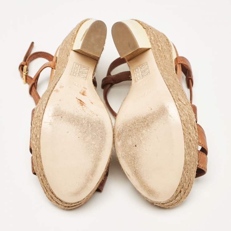 Pre Owned Miu Miu Brown Leather Wedge Sandals Size 37.5