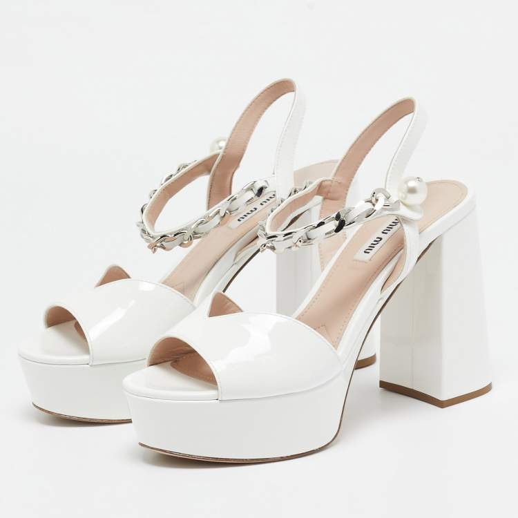 Pre Owned Miu Miu White Patent Chain Embellished Ankle Strap Sandals Size 37