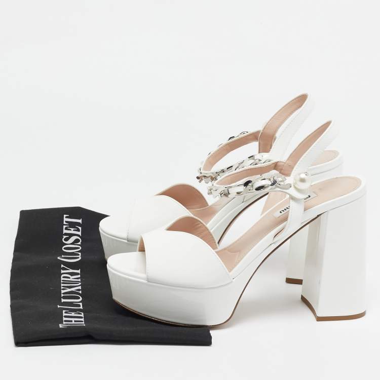 Pre Owned Miu Miu White Patent Chain Embellished Ankle Strap Sandals Size 37