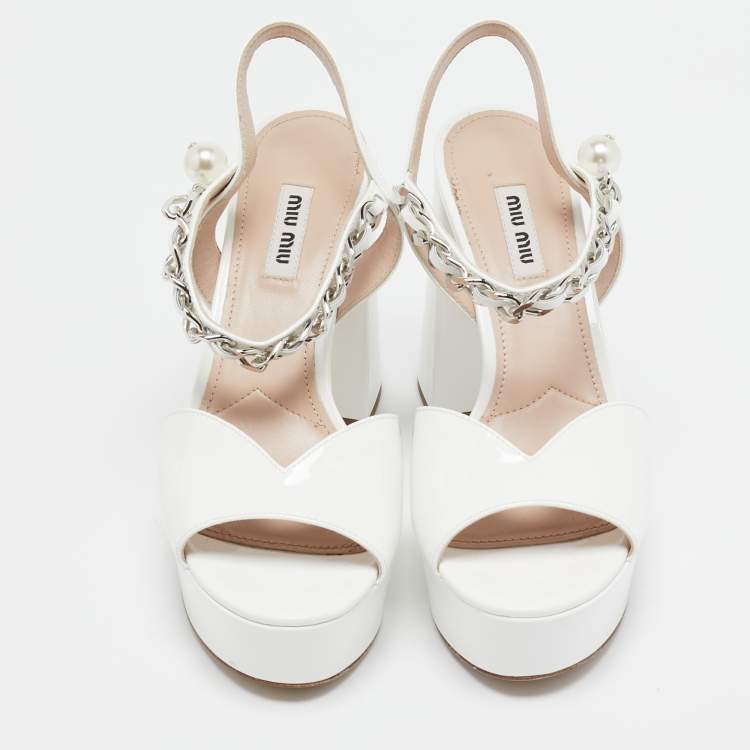 Pre Owned Miu Miu White Patent Chain Embellished Ankle Strap Sandals Size 37