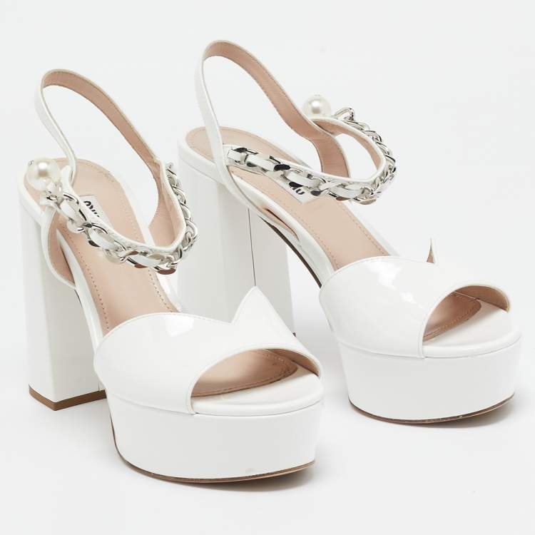 Pre Owned Miu Miu White Patent Chain Embellished Ankle Strap Sandals Size 37