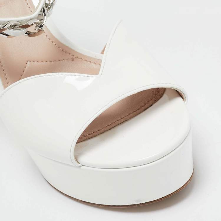 Pre Owned Miu Miu White Patent Chain Embellished Ankle Strap Sandals Size 37