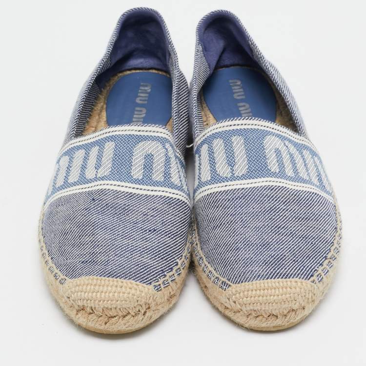 Pre Owned Miu Miu Blue Denim Logo Espadrille Flats Size 38