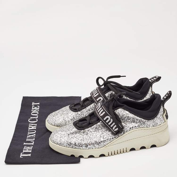 Pre Owned Miu Miu Silver Fabric and Glitter Lace Up Sneakers Size 37