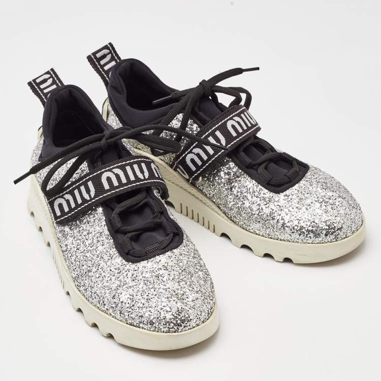 Pre Owned Miu Miu Silver Fabric and Glitter Lace Up Sneakers Size 37