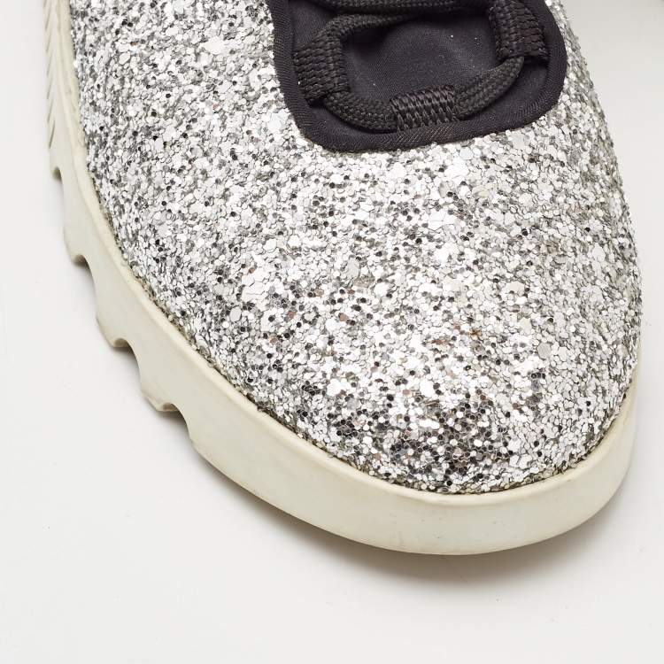Pre Owned Miu Miu Silver Fabric and Glitter Lace Up Sneakers Size 37
