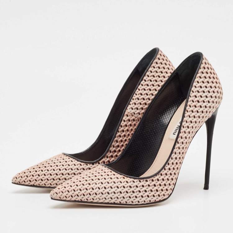 Pre Owned Miu Miu Beige Leather and Mesh Pointed Toe Pumps Size 38.5